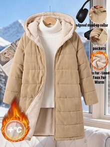 SHEIN Clasi 大尺碼女款插肩袖長袖前拉鍊連帽保暖內裡冬季外套 - 卡其色 - 查看 10