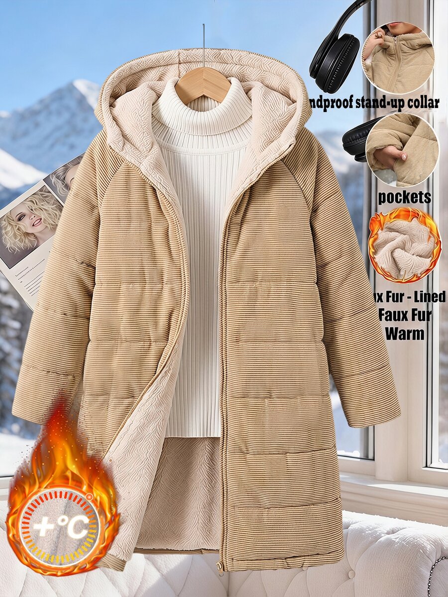 SHEIN Clasi Plus Size Women's Raglan Long Sleeve Zipper Front Hooded Long Thermal Lined Winter Jacket - Khaki - View 1