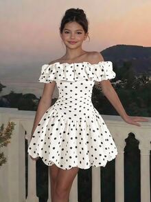 SHEIN Pitira 兒童青少年女孩優雅黑白波點露肩收腰洋裝，派對洋裝 - 白色 - 查看 7