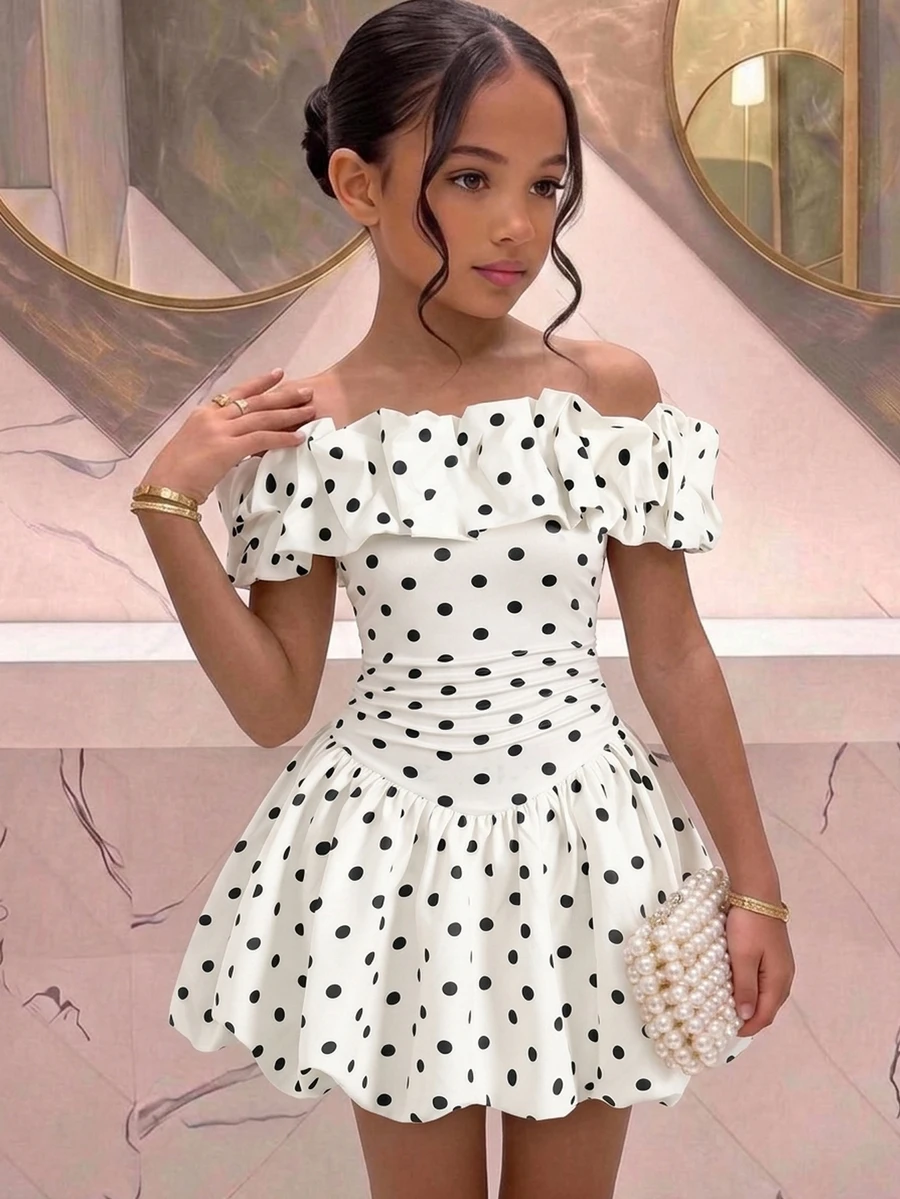 SHEIN Pitira 兒童青少年女孩優雅黑白波點露肩收腰洋裝，派對洋裝 - 白色 - 查看 1
