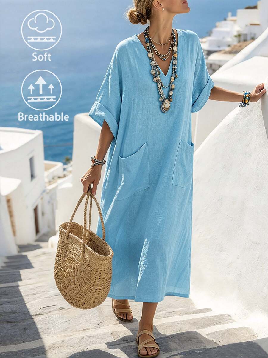 SHEIN Holidaya Women's V-Neck Pocket Loose Casual Vacation Dress - Blue - View 1