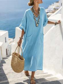 SHEIN Holidaya Women's V-Neck Pocket Loose Casual Vacation Dress - Blue - View 4