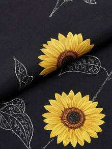 Manfinity ZONE917 Boxy Cropped Streetwear Sunflower Graphic Print Black Short Sleeve Shirt,Black And Yellow,Summer,Street Wear,Vacation,Loose Fit For Spring Outings - Black - View 3