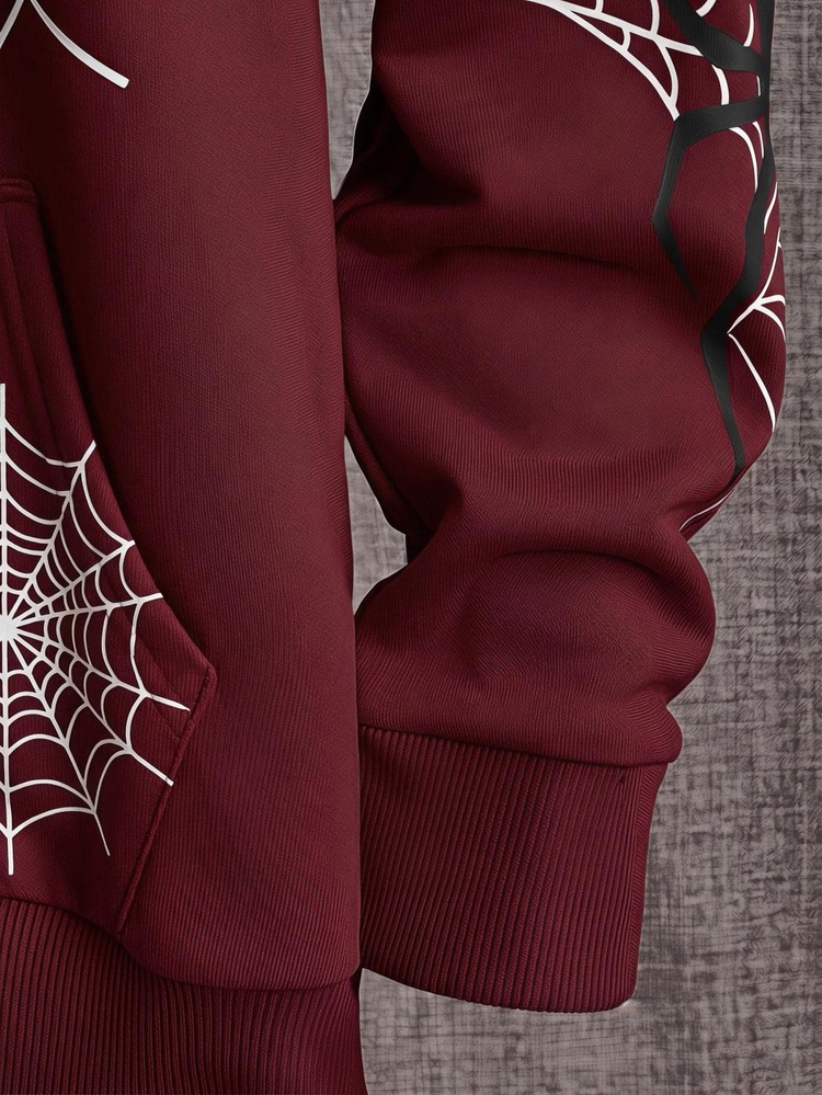 Mainfolk Loose Men Spider Web Print Zip Up Hoodie Without Tee Halloween Going Out Club Black And White Autumn Streetwear - Red - View 4