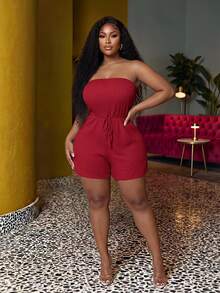 Veslaya Plus Size Women's Green Solid Color Slim Fitted Sleeveless Jumpsuit Rope Decor Textured Knit Fabric, Casual Vacation Wear, Spring/Summer - Red - View 1