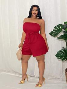Veslaya Plus Size Women's Green Solid Color Slim Fitted Sleeveless Jumpsuit Rope Decor Textured Knit Fabric, Casual Vacation Wear, Spring/Summer - Red - View 5