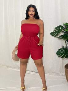 Veslaya Plus Size Women's Green Solid Color Slim Fitted Sleeveless Jumpsuit Rope Decor Textured Knit Fabric, Casual Vacation Wear, Spring/Summer - Red - View 3