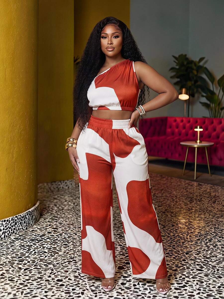 Veslaya Red And White Summer Vacation Holiday Clothes For Women, Western Nomadic Style One Shoulder Top Wide Leg Pants Set, Plus Size Daily Casual Beach Wear