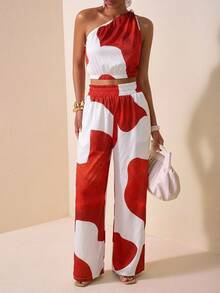 Veslaya Red And White Summer Vacation Holiday Clothes For Women, Western Nomadic Style One Shoulder Top Wide Leg Pants Set, Plus Size Daily Casual Beach Wear - Multicolor - View 8