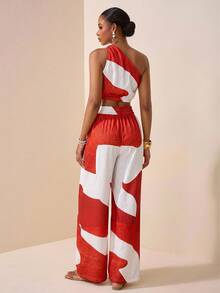 Veslaya Red And White Summer Vacation Holiday Clothes For Women, Western Nomadic Style One Shoulder Top Wide Leg Pants Set, Plus Size Daily Casual Beach Wear - Multicolor - View 3
