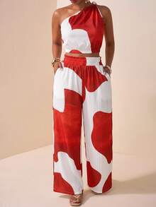 Veslaya Red And White Summer Vacation Holiday Clothes For Women, Western Nomadic Style One Shoulder Top Wide Leg Pants Set, Plus Size Daily Casual Beach Wear - Multicolor - View 7