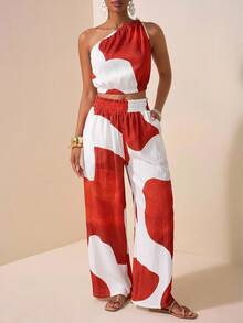 Veslaya Red And White Summer Vacation Holiday Clothes For Women, Western Nomadic Style One Shoulder Top Wide Leg Pants Set, Plus Size Daily Casual Beach Wear - Multicolor - View 5