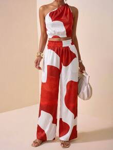 Veslaya Red And White Summer Vacation Holiday Clothes For Women, Western Nomadic Style One Shoulder Top Wide Leg Pants Set, Plus Size Daily Casual Beach Wear - Multicolor - View 6