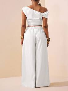 Veslaya Women Plus Size All White Summer Elegant Holiday Party Vacation Wedding Guest 2 Pieces Set,Asymmetric Shoulder Ruched Hem Crop Top And Wide Leg Pants - White - View 2