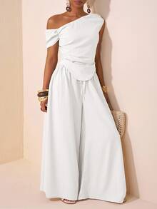 Veslaya Women Plus Size All White Summer Elegant Holiday Party Vacation Wedding Guest 2 Pieces Set,Asymmetric Shoulder Ruched Hem Crop Top And Wide Leg Pants - White - View 6