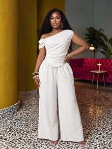 Veslaya Women Plus Size All White Summer Elegant Holiday Party Vacation Wedding Guest 2 Pieces Set,Asymmetric Shoulder Ruched Hem Crop Top And Wide Leg Pants - White - View 1