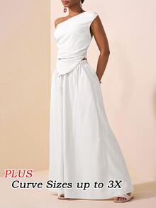 Veslaya Women Plus Size All White Summer Elegant Holiday Party Vacation Wedding Guest 2 Pieces Set,Asymmetric Shoulder Ruched Hem Crop Top And Wide Leg Pants - White - View 4