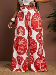 Veslaya Spring/Summer New Arrival Vacation Casual Daily Wear Beach Bonfire Party Loose Plus Size Women Long Pants With Multicolor Print White - Red - View 3