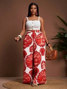Veslaya Spring/Summer New Arrival Vacation Casual Daily Wear Beach Bonfire Party Loose Plus Size Women Long Pants With Multicolor Print White - Red - View 6