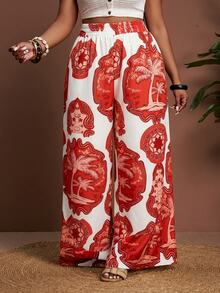 Veslaya Spring/Summer New Arrival Vacation Casual Daily Wear Beach Bonfire Party Loose Plus Size Women Long Pants With Multicolor Print White - Red - View 4