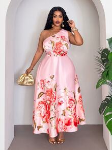 Veslaya Pink Floral Summer Elegant Holiday Wedding Guest Floral Print Sleeveless One-Shoulder A-Line Maxi Dress,Plus Size Party Graduation - Multicolor - View 10
