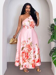 Veslaya Pink Floral Summer Elegant Holiday Wedding Guest Floral Print Sleeveless One-Shoulder A-Line Maxi Dress,Plus Size Party Graduation - Multicolor - View 6