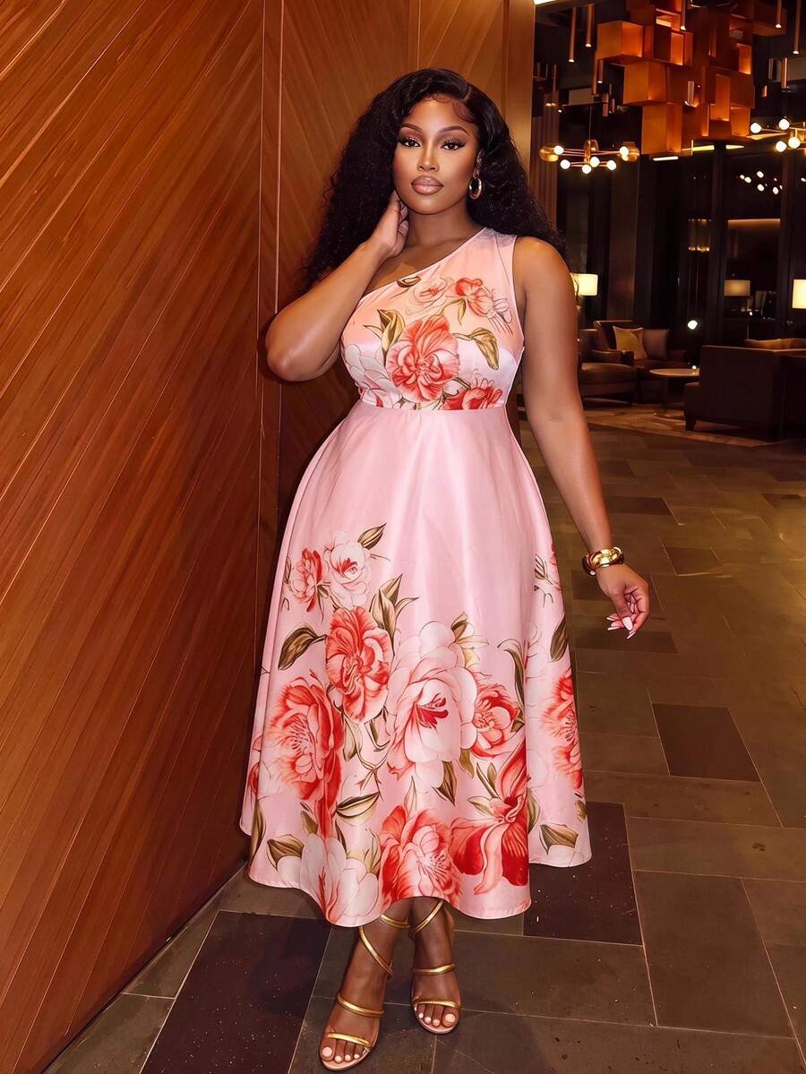 Veslaya Pink Floral Summer Elegant Holiday Wedding Guest Floral Print Sleeveless One-Shoulder A-Line Maxi Dress,Plus Size Party Graduation