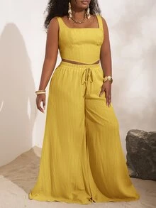 Veslaya 2025 New Spring/Summer Vacation Casual Khaki Fishbone Strap Top And Wide Leg Pants With Pockets 2 Pieces Set, Textured Fabric, Plus Size Women - Yellow - View 6