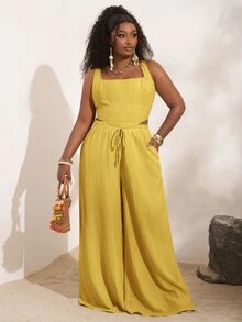 Veslaya 2025 New Spring/Summer Vacation Casual Khaki Fishbone Strap Top And Wide Leg Pants With Pockets 2 Pieces Set, Textured Fabric, Plus Size Women - Yellow - View 4
