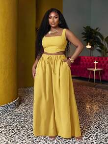 Veslaya 2025 New Spring/Summer Vacation Casual Khaki Fishbone Strap Top And Wide Leg Pants With Pockets 2 Pieces Set, Textured Fabric, Plus Size Women - Yellow - View 1