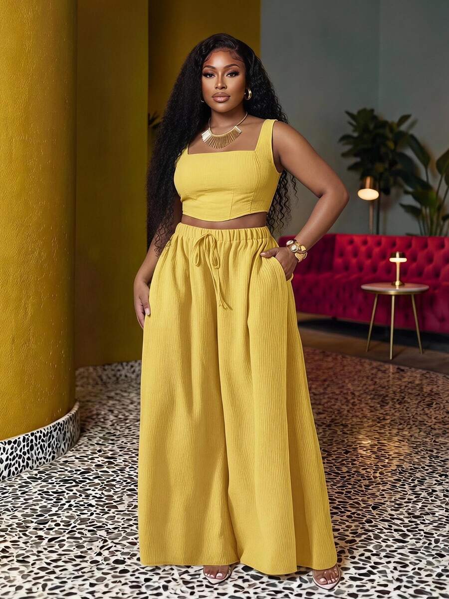 Veslaya 2025 New Spring/Summer Vacation Casual Khaki Fishbone Strap Top And Wide Leg Pants With Pockets 2 Pieces Set, Textured Fabric, Plus Size Women - Yellow - View 1