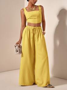 Veslaya 2025 New Spring/Summer Vacation Casual Khaki Fishbone Strap Top And Wide Leg Pants With Pockets 2 Pieces Set, Textured Fabric, Plus Size Women - Yellow - View 3
