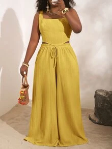 Veslaya 2025 New Spring/Summer Vacation Casual Khaki Fishbone Strap Top And Wide Leg Pants With Pockets 2 Pieces Set, Textured Fabric, Plus Size Women - Yellow - View 5