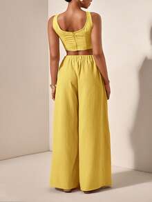Veslaya 2025 New Spring/Summer Vacation Casual Khaki Fishbone Strap Top And Wide Leg Pants With Pockets 2 Pieces Set, Textured Fabric, Plus Size Women - Yellow - View 2