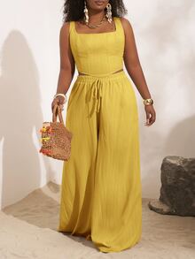 Veslaya 2025 New Spring/Summer Vacation Casual Khaki Fishbone Strap Top And Wide Leg Pants With Pockets 2 Pieces Set, Textured Fabric, Plus Size Women - Yellow - View 10