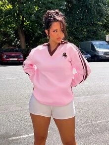 NegzBox Women's Autumn/Winter Thermal-Lined Contrast Color Webbing POLO Collar Embroidered Loose Sweatshirt Back-To-School School Graduation Street Wear - Baby Pink - View 4