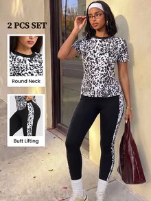 Core Rhythm Women's Leopard Print Short Sleeve T-Shirt And Leggings Sports Set - Multicolor - View 3