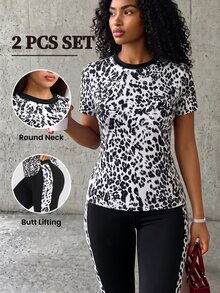 Core Rhythm Women's Leopard Print Short Sleeve T-Shirt And Leggings Sports Set - Multicolor - View 1
