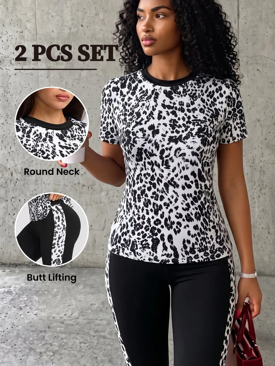 Core Rhythm Women's Leopard Print Short Sleeve T-Shirt And Leggings Sports Set - Multicolor - View 1