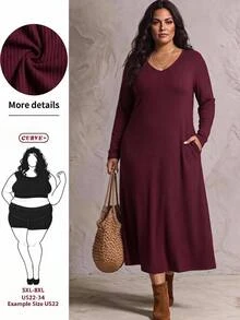 SHEIN CURVE+ Women's Plus Size 22W V-Neck Long Dress, Autumn/Winter Christmas Fall - Burgundy - View 1