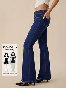 SHEIN Frenchy 女款優雅休閒簡約通勤日常上學喇叭牛仔褲，附口袋，海軍藍，秋季 - 藍色 - 查看 8