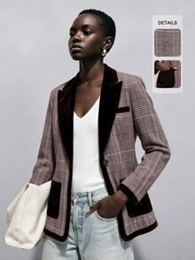 SHEIN Women's Fall/ Vintage Elegant Plaid Velvet Patchwork Blazer Jacket Thanksgiving Office Grey Plaid - Multicolor - View 5