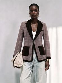 SHEIN Women's Fall/ Vintage Elegant Plaid Velvet Patchwork Blazer Jacket Thanksgiving Office Grey Plaid - Multicolor - View 7
