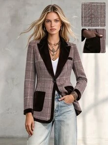 SHEIN Women's Fall/ Vintage Elegant Plaid Velvet Patchwork Blazer Jacket Thanksgiving Office Grey Plaid - Multicolor - View 3