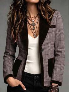 SHEIN Women's Fall/ Vintage Elegant Plaid Velvet Patchwork Blazer Jacket Thanksgiving Office Grey Plaid - Multicolor - View 2