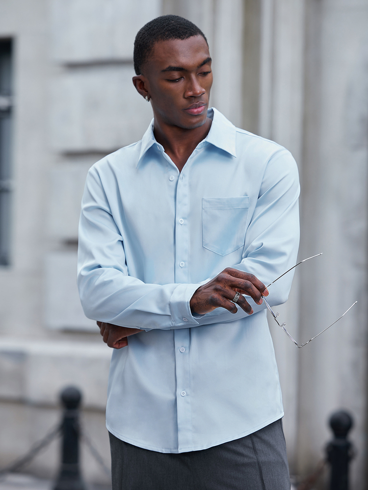 Mainfolk Men's Knit Fashion Casual Loose Long Sleeve Shirt, Youthful Style - Baby Blue - View 10