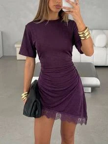Aloruh 女款優雅紫色蕾絲拼接浪漫復古洋裝，適合秋季，萬聖節外出度假穿搭女裝 - 紫色 - 查看 6