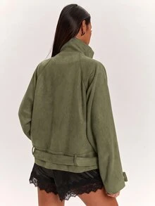 Silquee SHEIN BAE Solid Color Loose Fit Stand Collar Minimalist Utility Jacket - Army Green - View 2