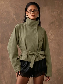 Silquee SHEIN BAE Solid Color Loose Fit Stand Collar Minimalist Utility Jacket - Army Green - View 3