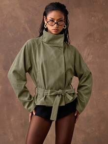 Silquee SHEIN BAE Solid Color Loose Fit Stand Collar Minimalist Utility Jacket - Army Green - View 1